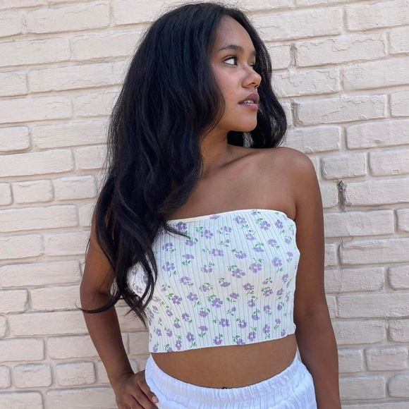 H&M cream floral tube top crop top sz s - Picture 3 of 6